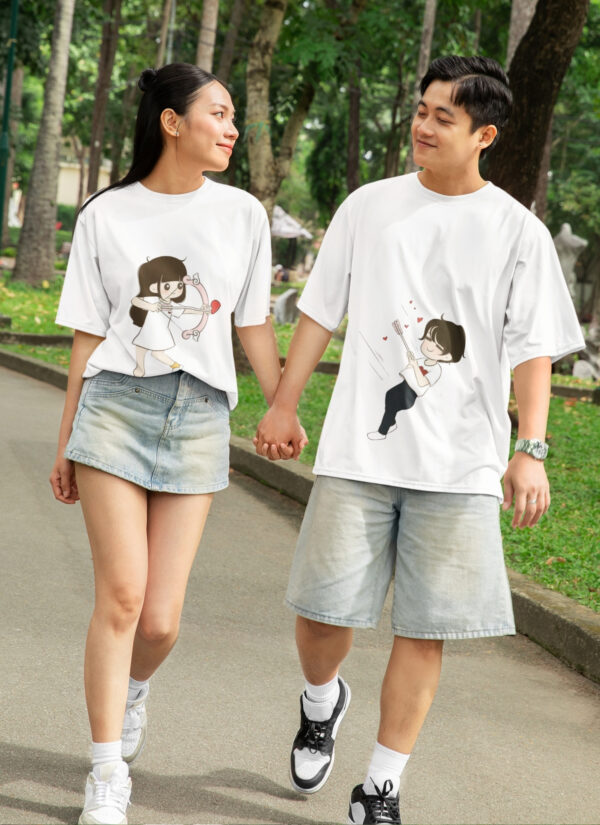 Cute Cupid Cartoon Couple T-Shirt for Men & Women | Matching Love Arrow Couple Tee | Romantic Oversized Couple T-Shirts