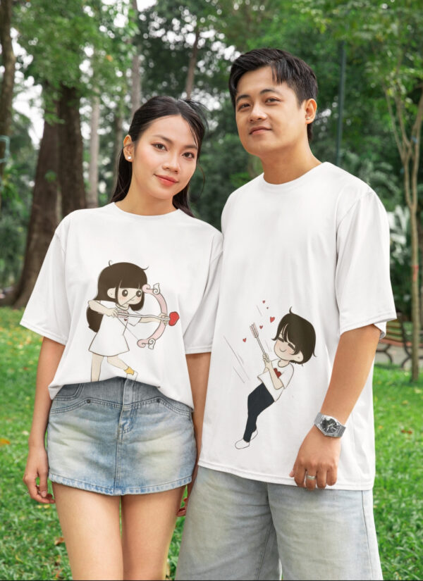 Cute Cupid Cartoon Couple T-Shirt for Men & Women | Matching Love Arrow Couple Tee | Romantic Oversized Couple T-Shirts