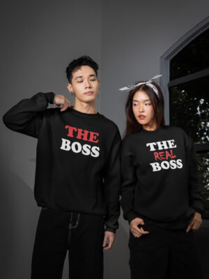 The Boss & The Real Boss Couple Sweatshirt – Matching Black Couple Upper | Unisex Fleece Sweatshirt for Couples