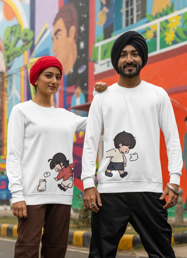 Cute Cartoon Couple Sweatshirt – Matching White Couple Upper for Men & Women | Premium Fleece 300 GSM