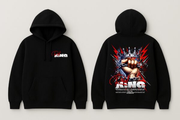 Real King Power Graphic Black Hoodie for Men | Crown & Fist Back Print Streetwear Hoodie | Motivational Winter Wear Hoodie for Daily Style by GiftSpeaks