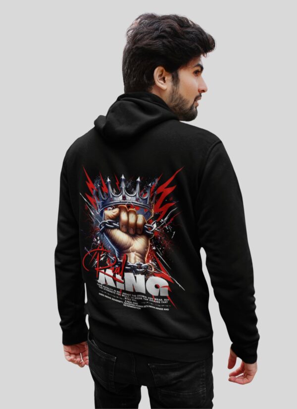 Real King Power Graphic Black Hoodie for Men | Crown & Fist Back Print Streetwear Hoodie | Motivational Winter Wear Hoodie for Daily Style by GiftSpeaks