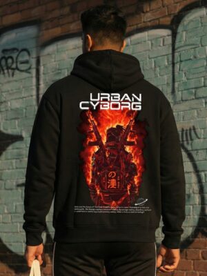 Men Urban Cyborg Printed Hoodie | Cyberpunk Back Print Hoodie for Men | Winter Streetwear Black Hoodie | Casual Hooded Sweatshirt for Men