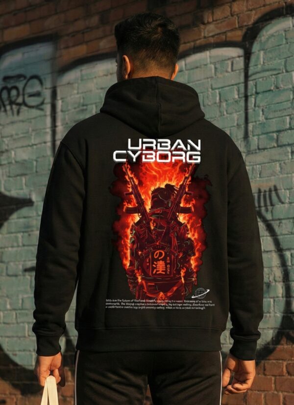 Men Urban Cyborg Printed Hoodie | Cyberpunk Back Print Hoodie for Men | Winter Streetwear Black Hoodie | Casual Hooded Sweatshirt for Men
