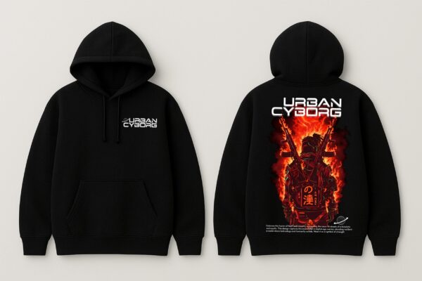 Men Urban Cyborg Printed Hoodie | Cyberpunk Back Print Hoodie for Men | Winter Streetwear Black Hoodie | Casual Hooded Sweatshirt for Men