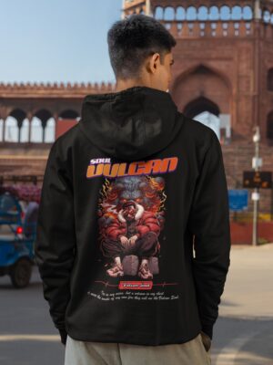 Black Men’s Streetwear Hoodie – Vulcan Soul Fire Graphic Back Design | Fleece Cotton 300 GSM