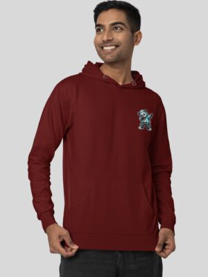 WMFHM_Panda_Riot_1768043772713_wdpncwxomj2smt2.jpg Maroon Graphic Printed Men’s Hoodie with Panda Riot Street Art | Premium Fleece Winter Hoodie for Men | Bold Urban Streetwear Back Print – GiftSpeaks