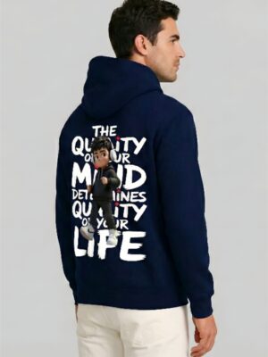 Mind Over Life Quote Graphic Hoodie for Men | Navy Blue Regular Fit Hoodie | Motivational Back Print | Fleece 300 GSM | Giftspeaks