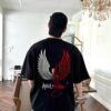 Men Oversized Black T-Shirt with Angel & Demon Graphic Print | Premium Loopknit 240 GSM Cotton | Half Sleeve Round Neck Streetwear Tee | Trendy Back Print Casual Oversized Fit T-Shirt for Men