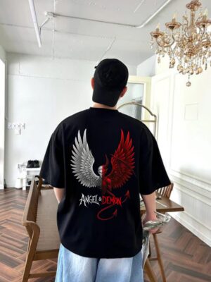 WMFOB_Angel___Demon_1773895288245_ky0vfqhi7lmaahi.jpg Men Oversized Black T-Shirt with Angel & Demon Graphic Print | Premium Loopknit 240 GSM Cotton | Half Sleeve Round Neck Streetwear Tee | Trendy Back Print Casual Oversized Fit T-Shirt for Men