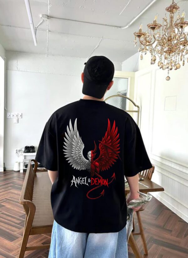 Men Oversized Black T-Shirt with Angel & Demon Graphic Print | Premium Loopknit 240 GSM Cotton | Half Sleeve Round Neck Streetwear Tee | Trendy Back Print Casual Oversized Fit T-Shirt for Men