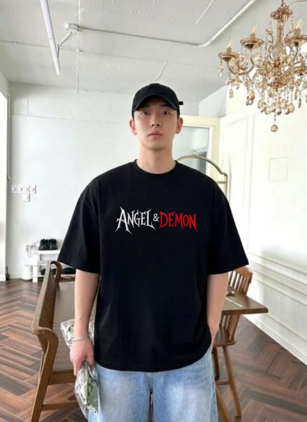 Men Oversized Black T-Shirt with Angel & Demon Graphic Print | Premium Loopknit 240 GSM Cotton | Half Sleeve Round Neck Streetwear Tee | Trendy Back Print Casual Oversized Fit T-Shirt for Men