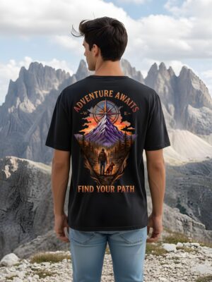 Mens Oversized Black Graphic T-Shirt | Adventure Awaits Mountain Back Print | Loopknit 240 GSM Premium Cotton Streetwear Tee