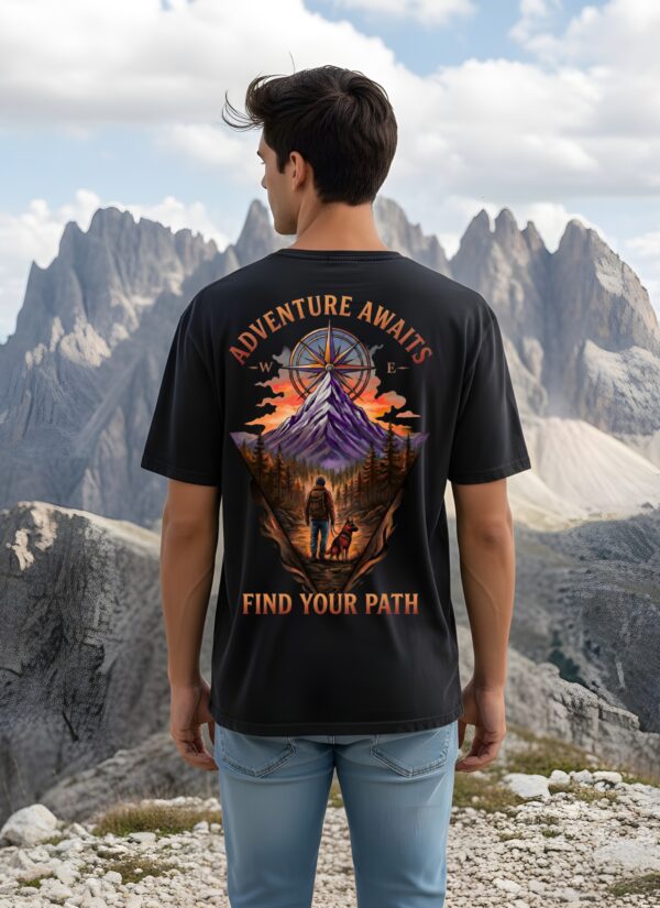 Mens Oversized Black Graphic T-Shirt | Adventure Awaits Mountain Back Print | Loopknit 240 GSM Premium Cotton Streetwear Tee