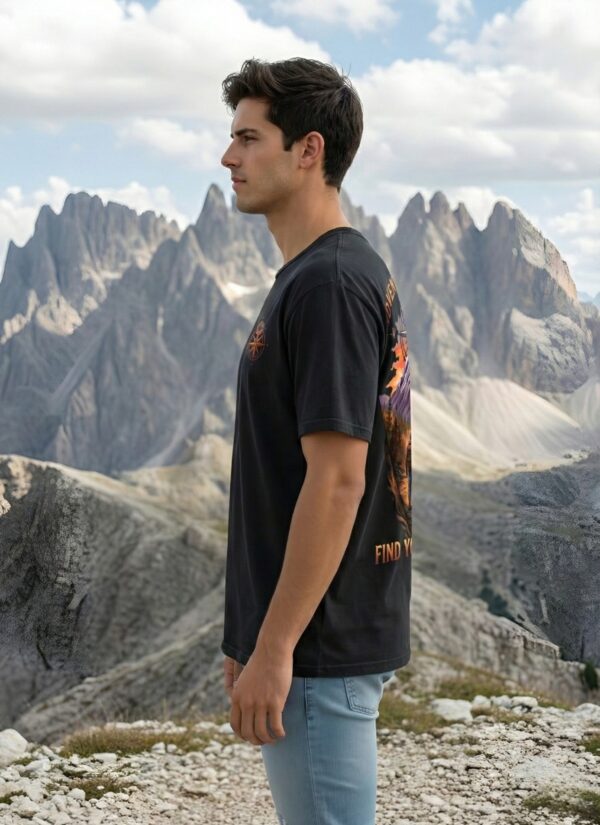 Mens Oversized Black Graphic T-Shirt | Adventure Awaits Mountain Back Print | Loopknit 240 GSM Premium Cotton Streetwear Tee