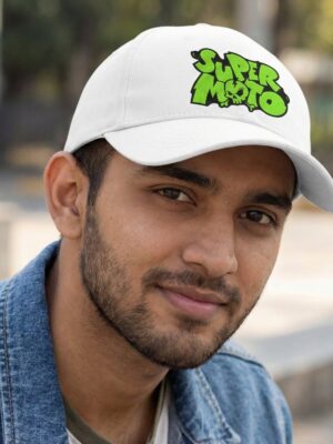 sltZjvqk_1N0XSPCF0Q_2026-03-12_1.jpg Unisex White Baseball Cap with Super Moto Graphic Print, Adjustable Casual Cap for Men and Women, Stylish Streetwear Hat for Bikers, Riders, Sports, Travel and Daily Wear