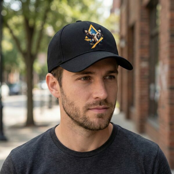 xqjuyyeT_N2MYGO76AX_2026-03-12_1.jpg Flying Eagle Graphic Black Baseball Cap for Men & Women | Adjustable Unisex Streetwear Hat with Geometric Eagle Design, Casual Fashion Sports Cap for Daily Wear
