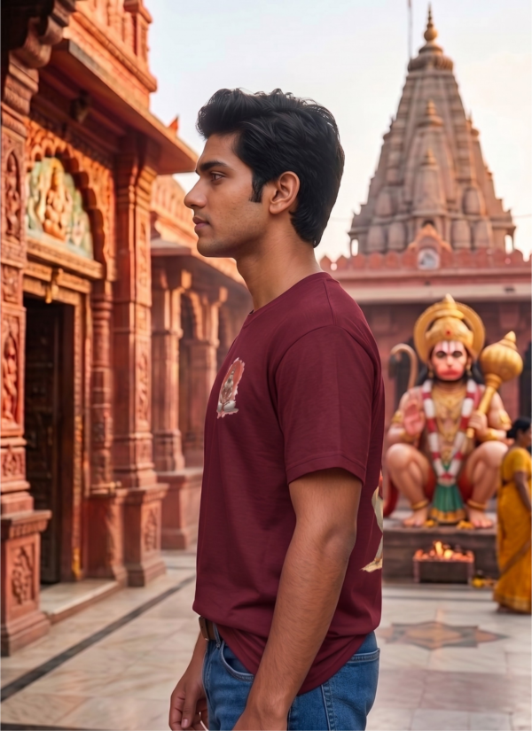 Unisex Oversized Hanuman Graphic Printed T-Shirt for Men & Women | Spiritual Devotional Back Print Oversized Tee | Maroon Half Sleeve Loose Fit Streetwear T-Shirt | Loopknit 240 GSM Premium Cotton Casual Wear