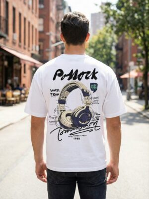Mens White Oversized Graphic T-Shirt | Premium Loopknit Cotton 240 GSM Streetwear Tee with Headphone Back Print