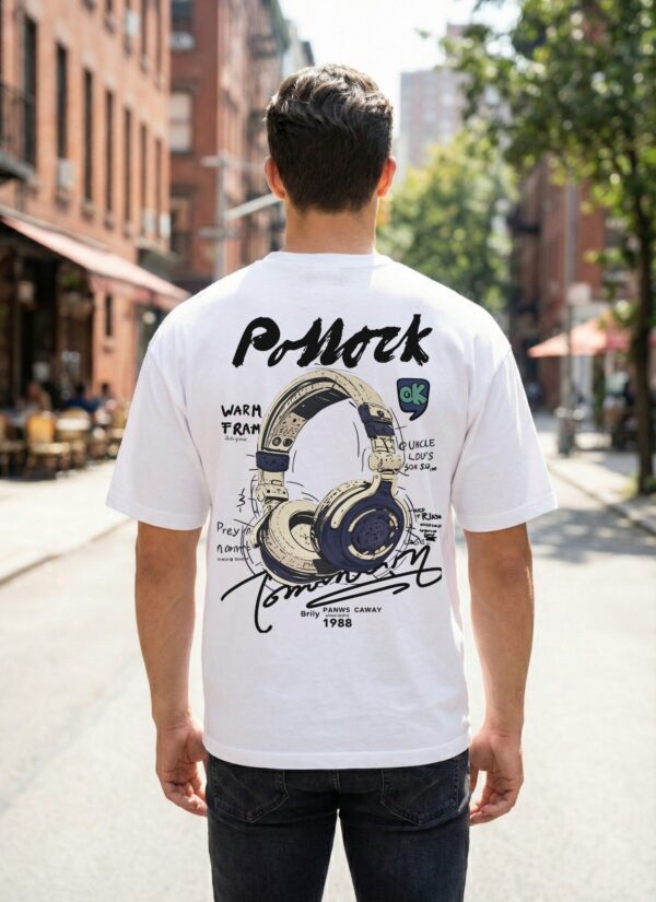1 (8) Mens White Oversized Graphic T-Shirt | Premium Loopknit Cotton 240 GSM Streetwear Tee with Headphone Back Print