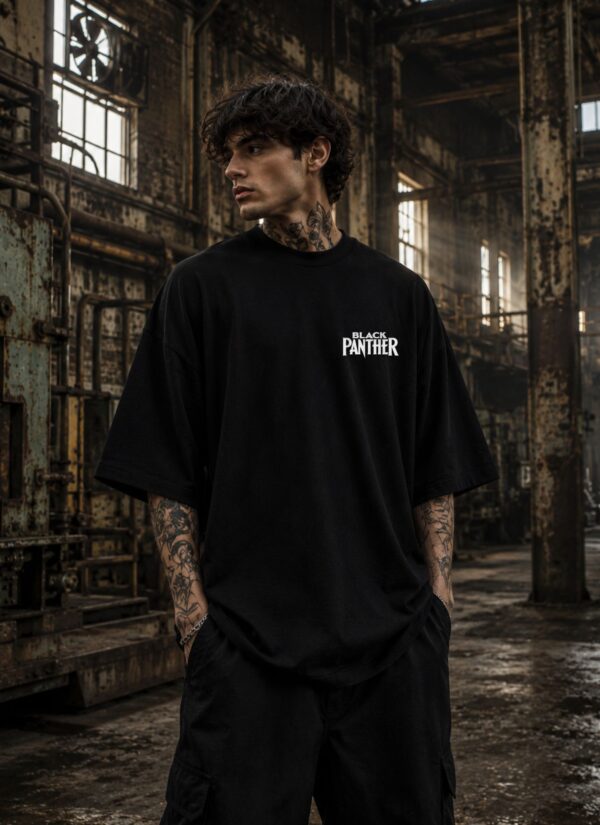 1.jpg (1) Men's Oversized Black Printed T-Shirt | Wakanda Forever Graphic Back Print | Half Sleeve Round Neck | Premium Cotton Casual Streetwear