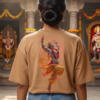 Unisex Oversized Dancing Hanuman Graphic T-Shirt Energetic Devotion Design, Beige Cotton Tee