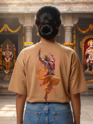 Unisex Oversized Dancing Hanuman Graphic T-Shirt Energetic Devotion Design, Beige Cotton Tee