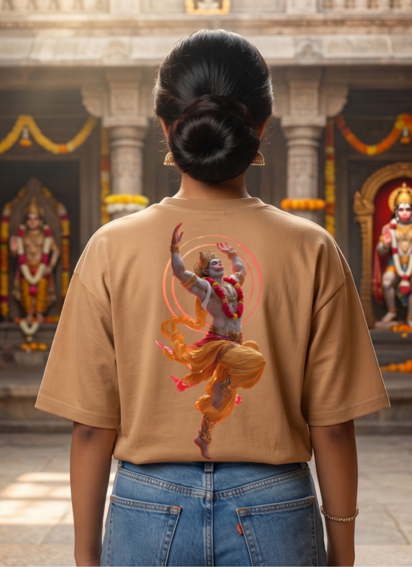 Unisex Oversized Dancing Hanuman Graphic T-Shirt Energetic Devotion Design, Beige Cotton Tee