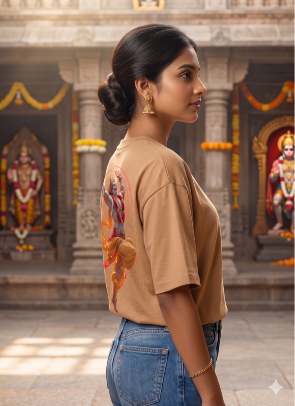 Unisex Oversized Dancing Hanuman Graphic T-Shirt Energetic Devotion Design, Beige Cotton Tee