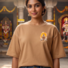 Unisex Oversized Dancing Hanuman Graphic T-Shirt Energetic Devotion Design, Beige Cotton Tee