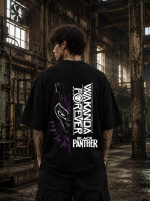 2.jpg (1) Men's Oversized Black Printed T-Shirt | Wakanda Forever Graphic Back Print | Half Sleeve Round Neck | Premium Cotton Casual Streetwear