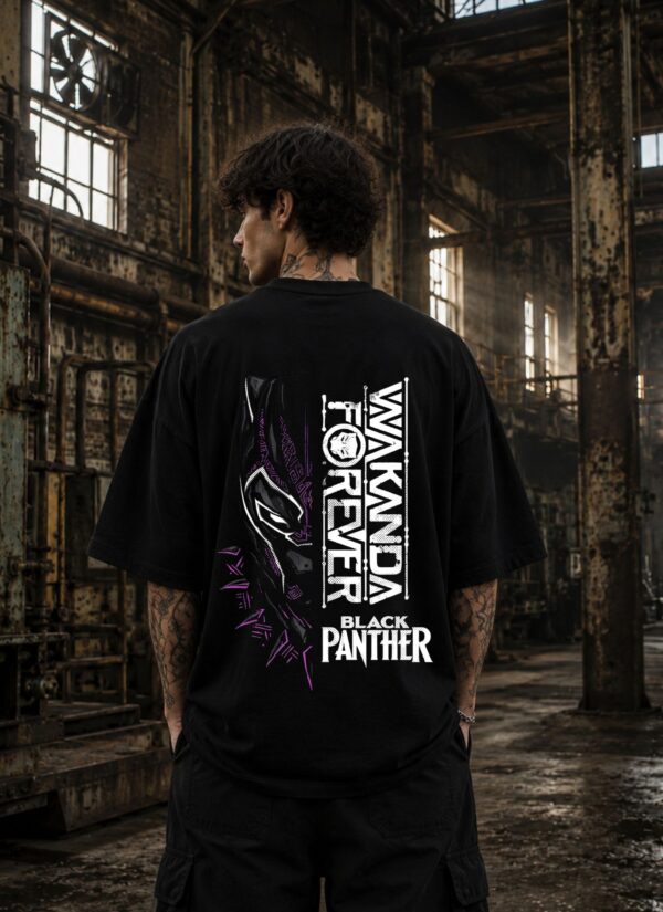 2.jpg (1) Men's Oversized Black Printed T-Shirt | Wakanda Forever Graphic Back Print | Half Sleeve Round Neck | Premium Cotton Casual Streetwear
