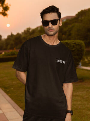 Black Oversized Streetwear T-Shirt for Men | Trust Nobody Graphic Back Print | Loopknit Cotton 240 GSM