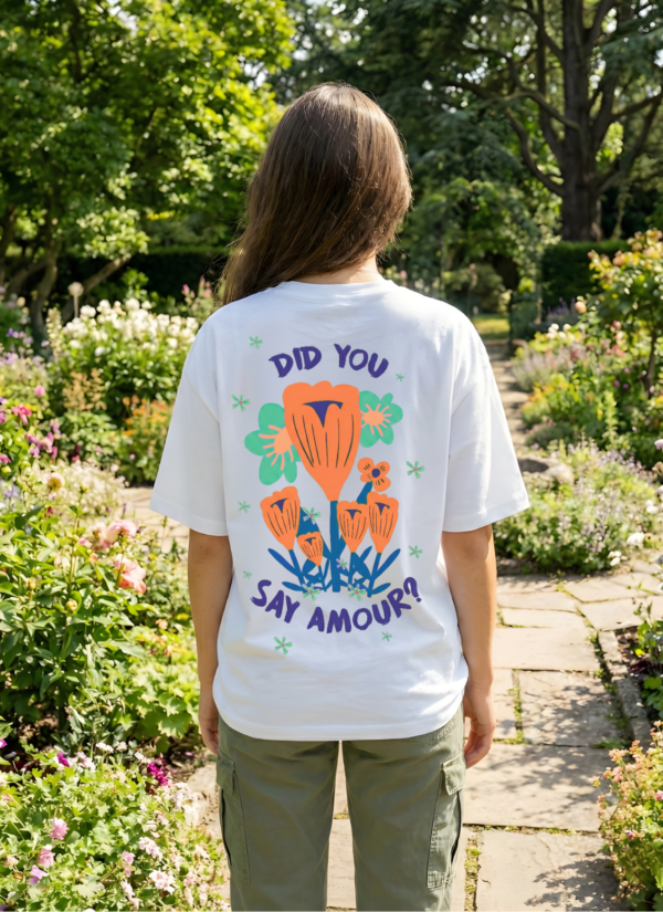 Womens Oversized White T-Shirt | Floral “Say Amour” Graphic Print | Loopknit 240 GSM Premium Heavy Fabric | Cute Aesthetic Streetwear T-Shirt for Women