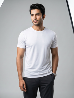 4XZawf3B_HO998AHKES_2026-06-30_1.png Plain White Round Neck T-Shirt | 180 GSM Mesh Knit | 100% Polyester | Stretchable Sports Wear