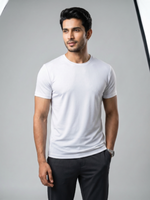 4XZawf3B_HO998AHKES_2026-06-30_1.png Plain White Round Neck T-Shirt | 180 GSM Mesh Knit | 100% Polyester | Stretchable Sports Wear