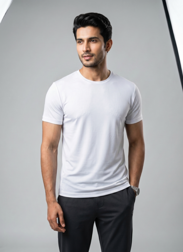 Plain White Round Neck T-Shirt | 180 GSM Mesh Knit | 100% Polyester | Stretchable Sports Wear