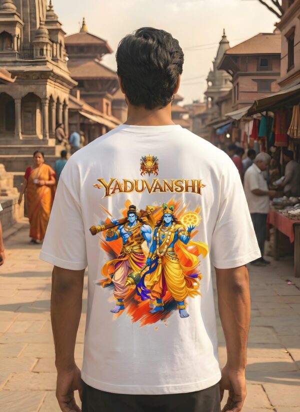 Yaduvanshi Oversized T-Shirt for Men | Krishna Balram Divine Art White Tee | Loopknit 240 GSM