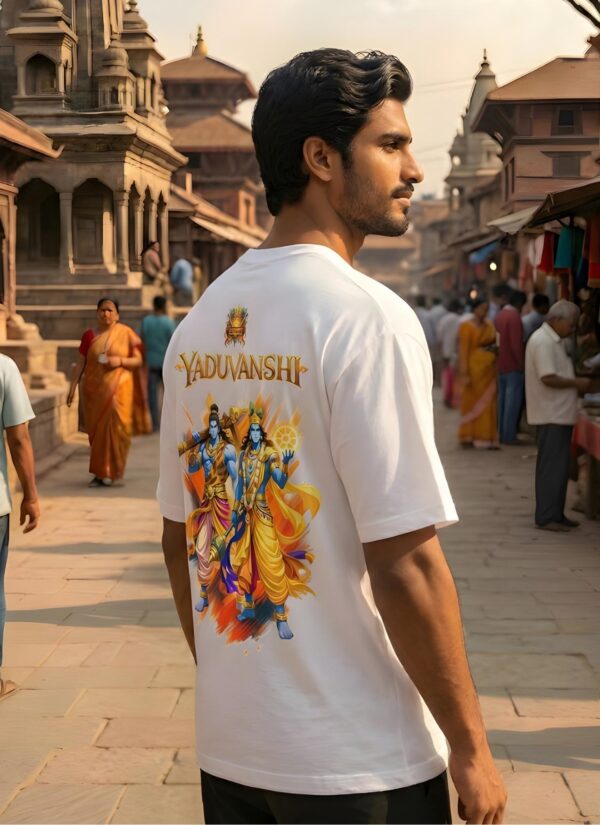 Yaduvanshi Oversized T-Shirt for Men | Krishna Balram Divine Art White Tee | Loopknit 240 GSM