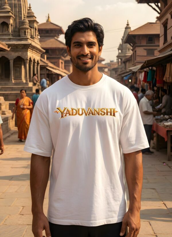 Yaduvanshi Oversized T-Shirt for Men | Krishna Balram Divine Art White Tee | Loopknit 240 GSM