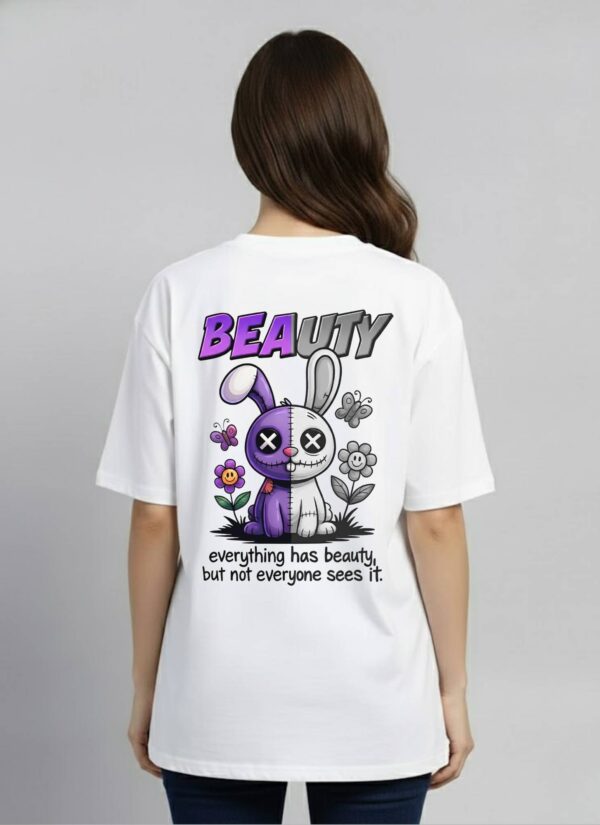 Womens White Oversized T-Shirt with Beauty Graphic Back Print | Loopknit 240 GSM | Cute Aesthetic Streetwear Tee