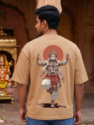 Unisex Oversized Hanuman Warrior Graphic T-Shirt Bold Devotion Design, Beige Cotton Tee