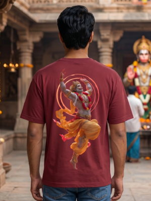 5jbNTWc1_75GN2PF4ON_2026-05-08_2.png Unisex Oversized Dancing Hanuman Graphic T-Shirt Energetic Devotion Design, Maroon Cotton Tee