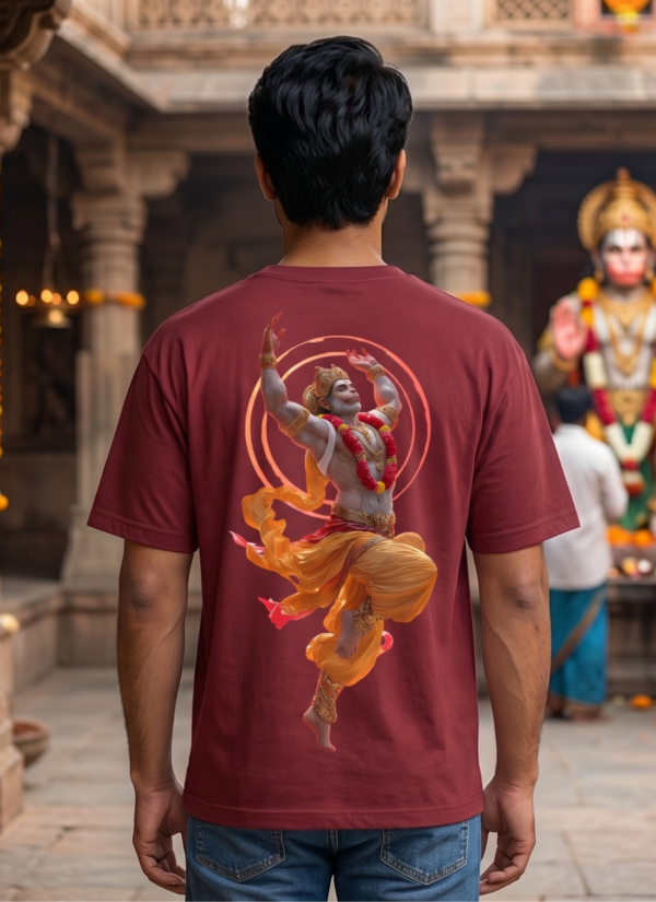 5jbNTWc1_75GN2PF4ON_2026-05-08_2.png Unisex Oversized Dancing Hanuman Graphic T-Shirt Energetic Devotion Design, Maroon Cotton Tee
