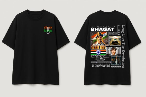 Womens Black Oversized T-Shirt with Bhagat Singh Graphic | Premium Loopknit 240 GSM | Freedom Fighter Tribute Streetwear Tee for Women