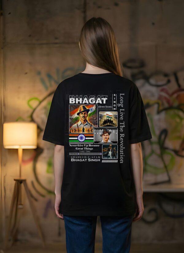 Womens Black Oversized T-Shirt with Bhagat Singh Graphic | Premium Loopknit 240 GSM | Freedom Fighter Tribute Streetwear Tee for Women