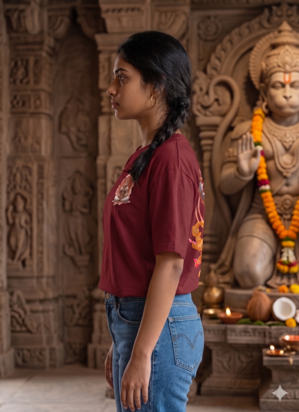6od_BROj_KC6H5S2GHZ_2026-05-08_3.png Unisex Oversized Dancing Hanuman Graphic T-Shirt Energetic Devotion Design, Maroon Cotton Tee