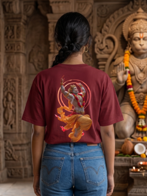 6od_BROj_YXSQVKSHE8_2026-05-08_1.png Unisex Oversized Dancing Hanuman Graphic T-Shirt Energetic Devotion Design, Maroon Cotton Tee