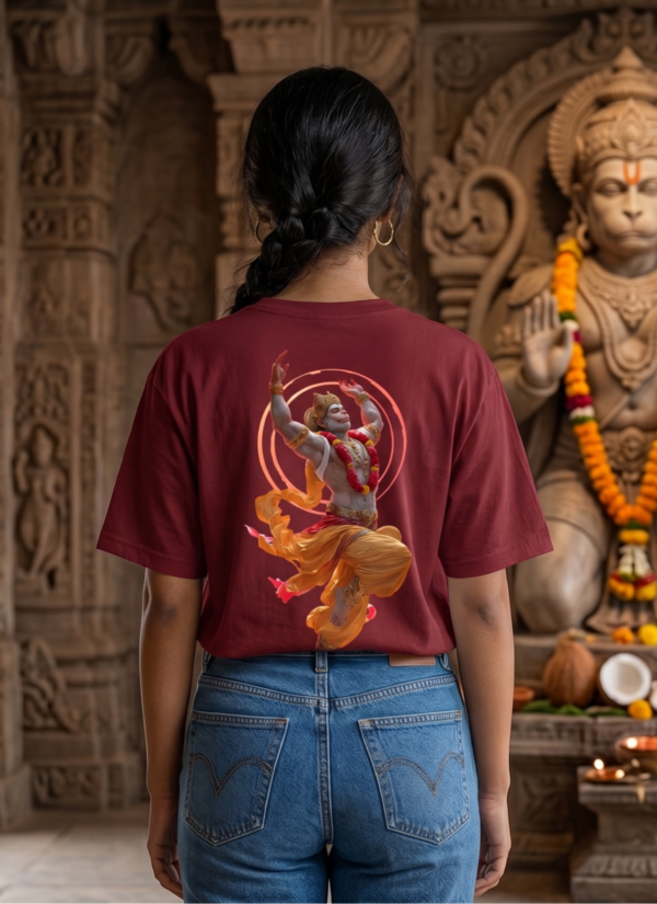 6od_BROj_YXSQVKSHE8_2026-05-08_1.png Unisex Oversized Dancing Hanuman Graphic T-Shirt Energetic Devotion Design, Maroon Cotton Tee