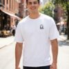 7 Mens White Oversized Graphic T-Shirt | Premium Loopknit Cotton 240 GSM Streetwear Tee with Headphone Back Print